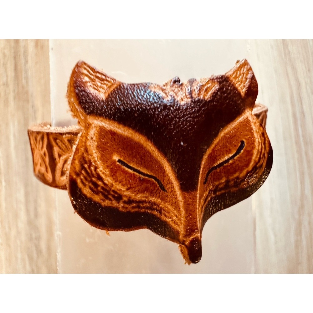 Handmade Leather Fox Bracelet Tooled Brown Snap Cuff Small Wrist Boho